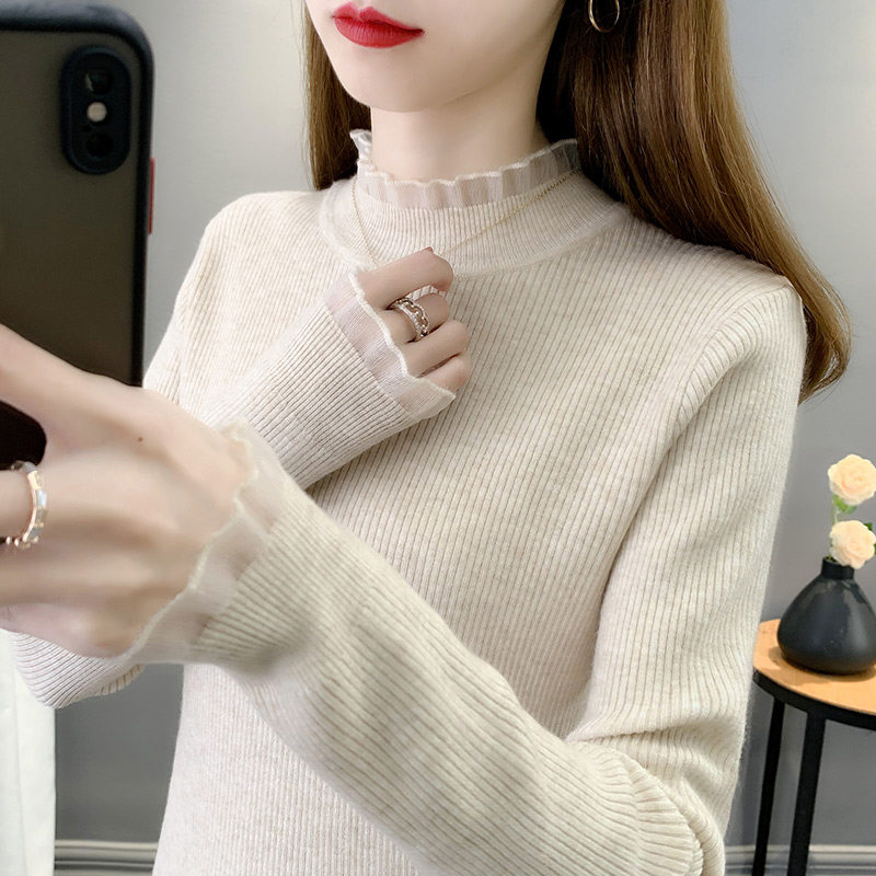 蕾丝打底衫女内搭半高领修身针织上衣显瘦毛衣女,女装/女士精品,毛衣,淘宝优惠券,粉丝福利购,淘宝优惠卷