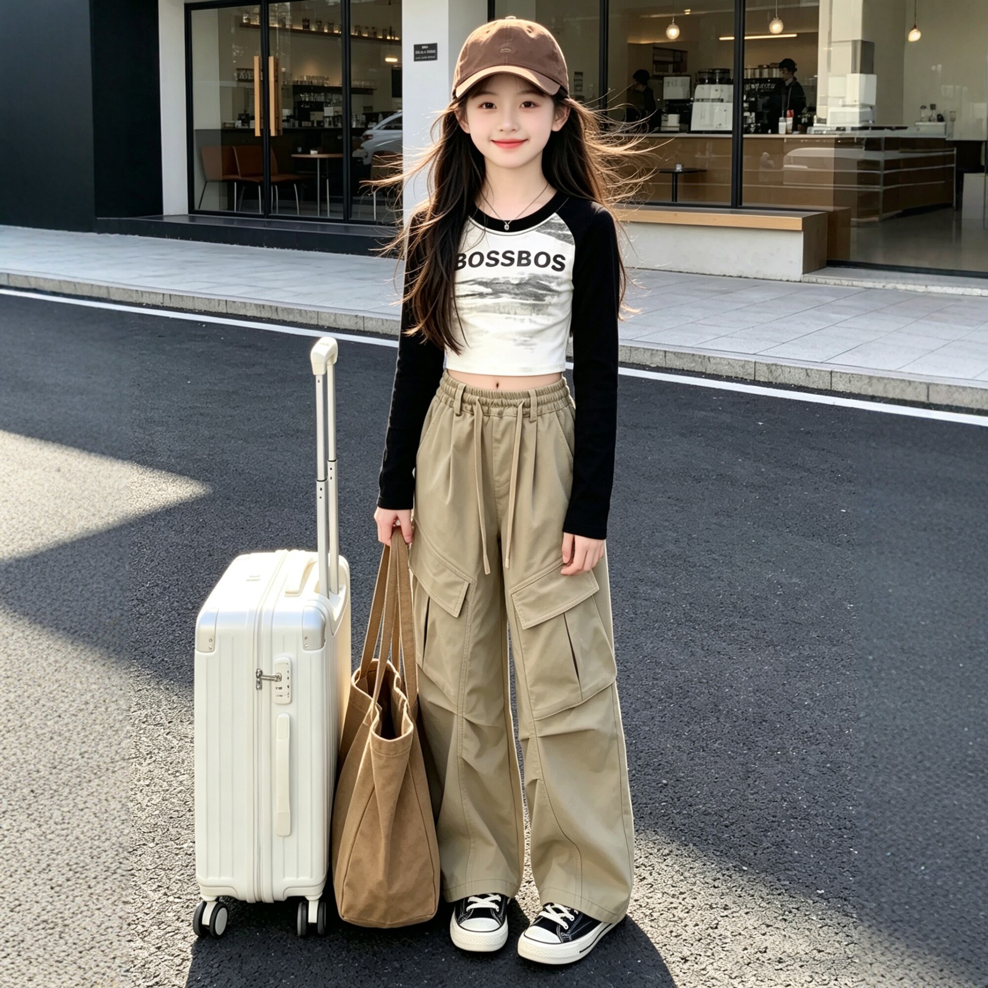 女童T恤套装2026秋季新款爵士街舞中大童网红炸街休闲棉布工装裤