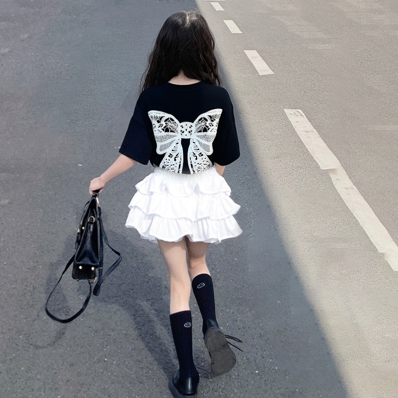 女童酷飒风蝴蝶短袖T恤半裙套装