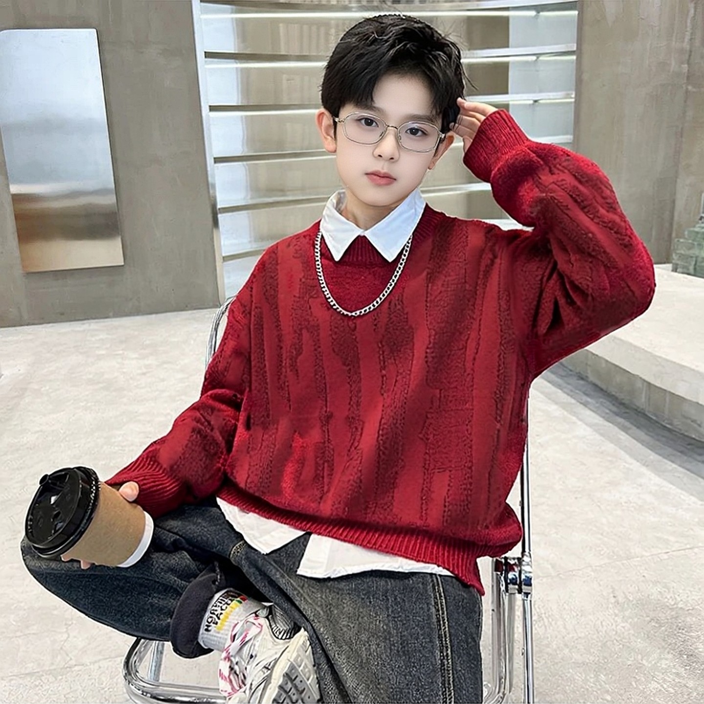 男童毛衣红色儿童过年拜年服2025新款男孩冬季一体绒牛仔裤两件套,童装/婴儿装/亲子装,套装,淘宝优惠券,粉丝福利购,淘宝优惠卷