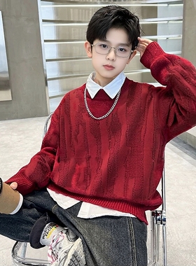 男童毛衣红色儿童过年拜年服2025新款男孩冬季一体绒白衬衫两件套