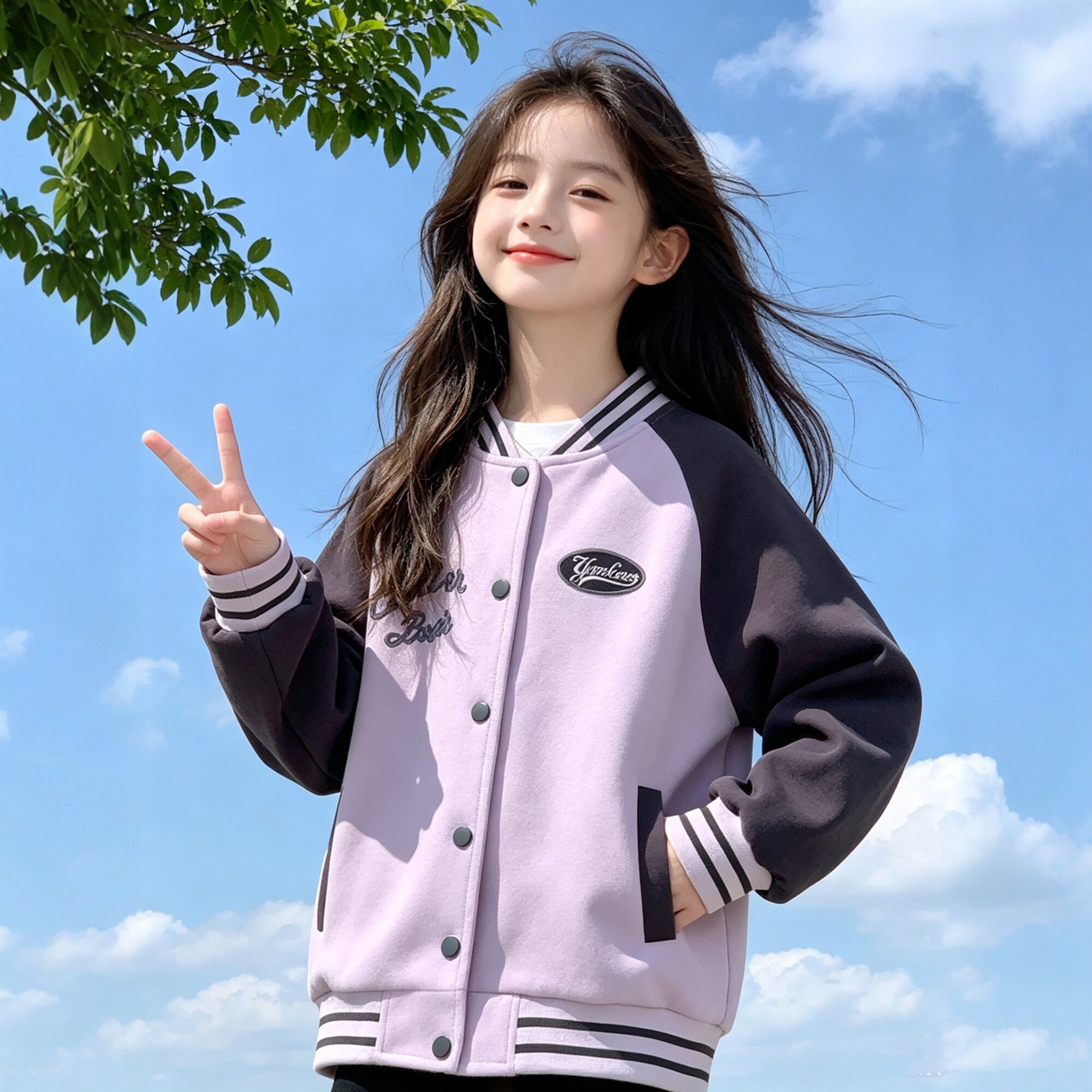 女童美式学院风绗缝夹棉棒球服2026秋冬款中大童重工刺绣休闲外套