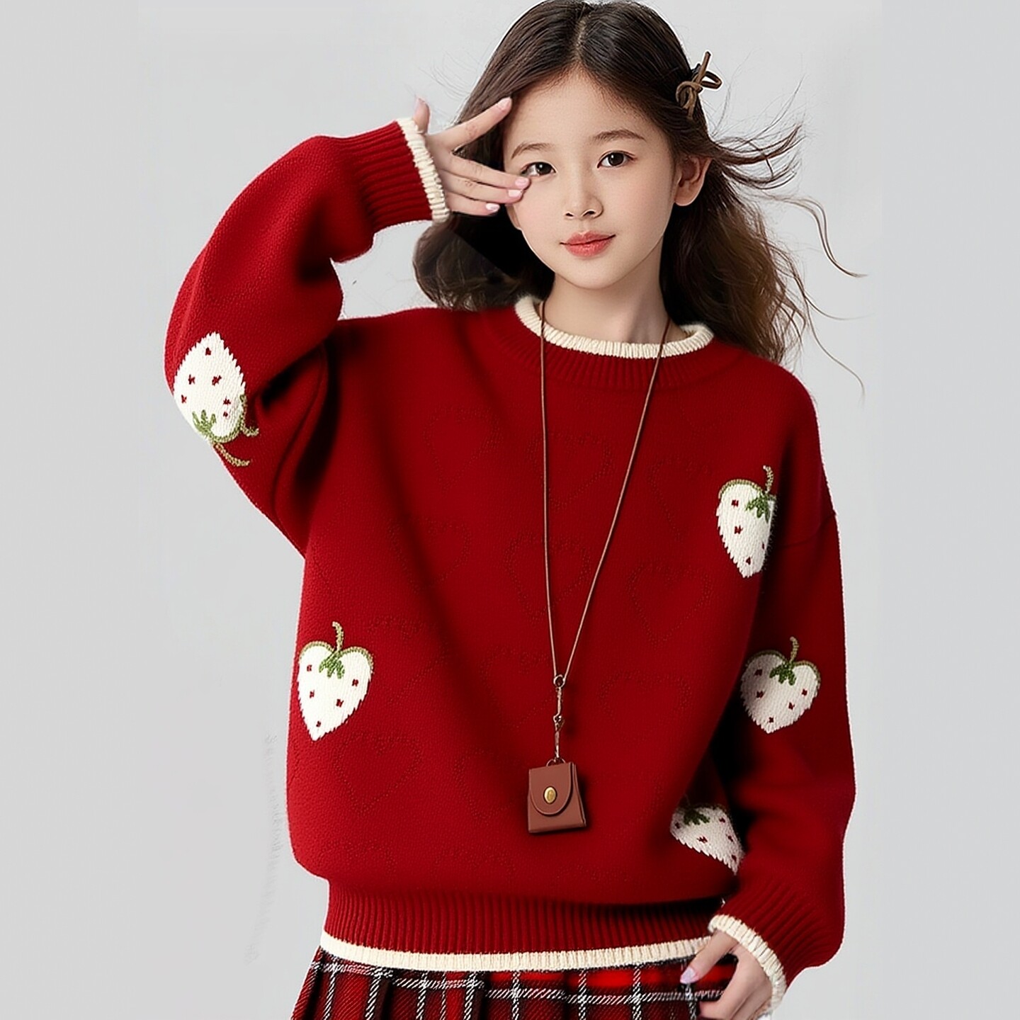 女童甜美少女风草莓爱心加厚毛衣套装2025秋冬新年红色针织衫洋气