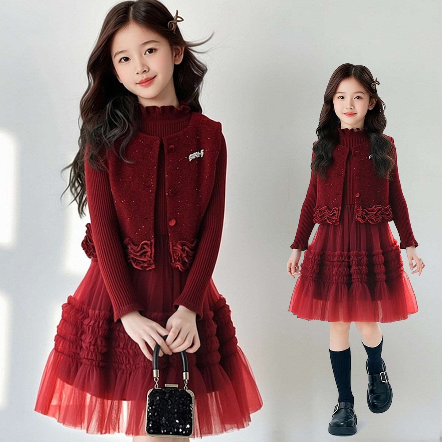 女童小香风加绒连衣裙两件套秋冬新款网纱公主裙新年装