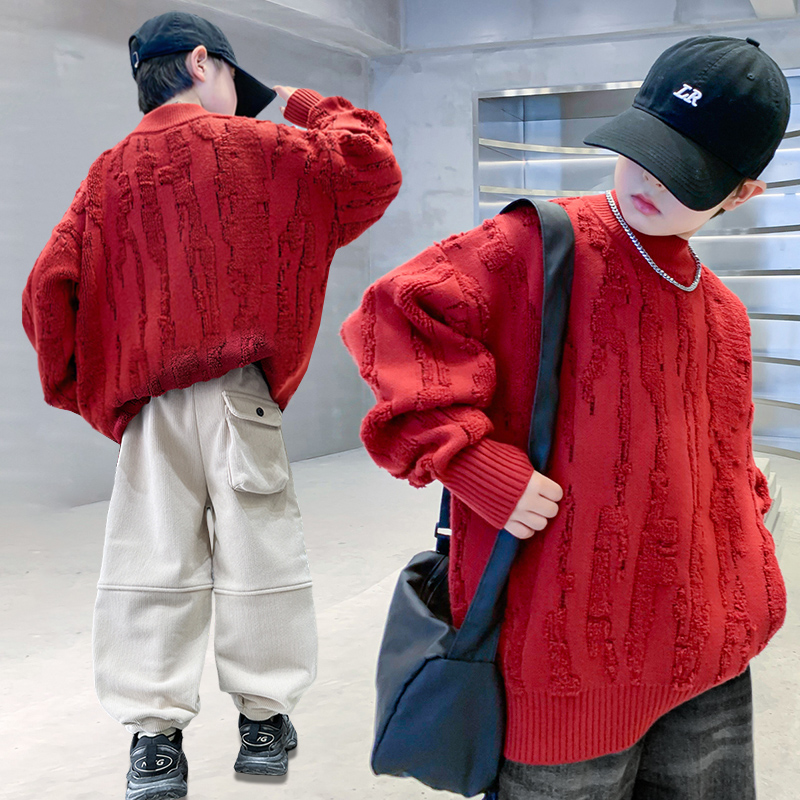 男童红色加厚毛衣过年拜年服2024