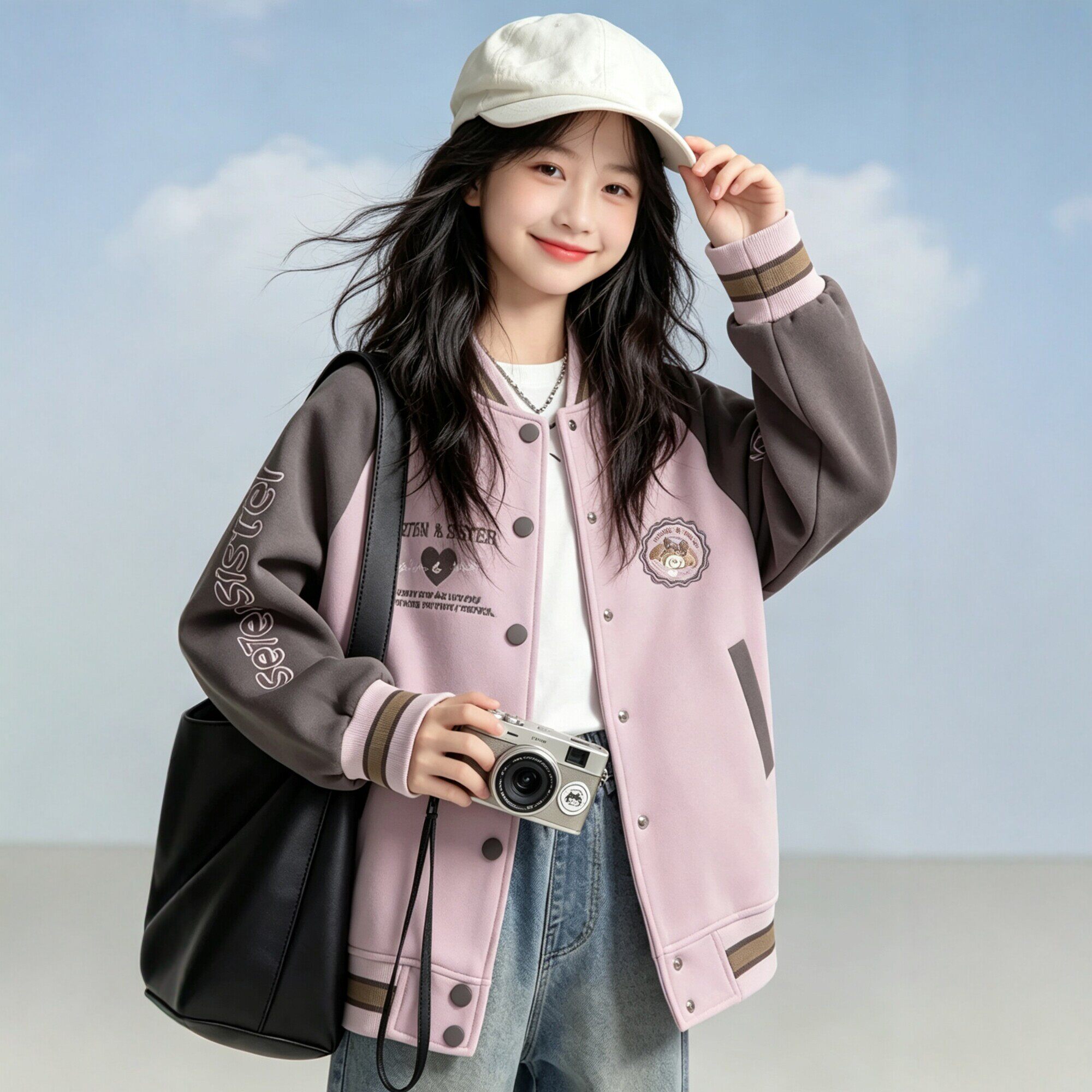 女童刺绣字母一体绒加厚棒球服外套2026秋冬款中大儿童学院运动风