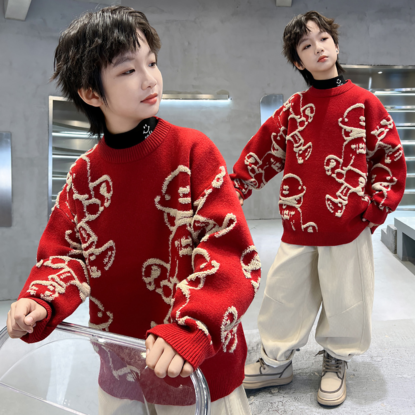 男童加厚红色毛衣两件套