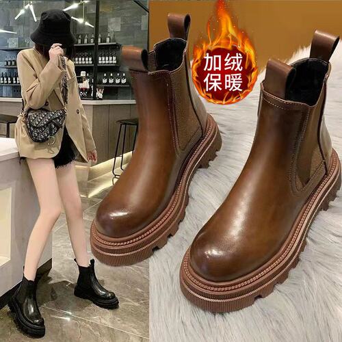 冬季加绒保暖厚底切尔西短靴女