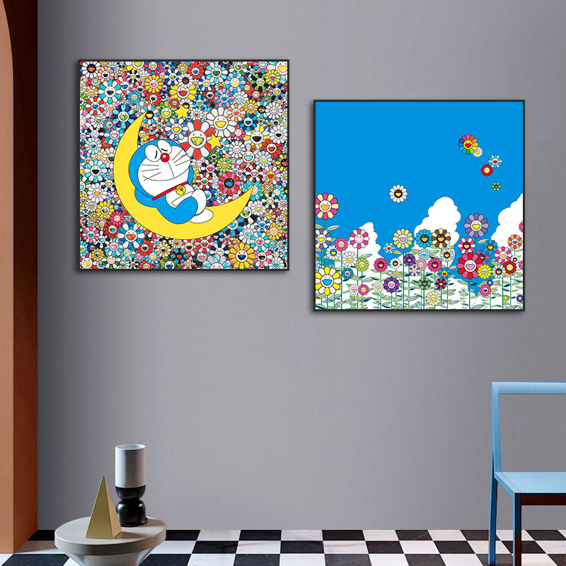 村上隆装饰画哆啦A梦卧室床头太阳花挂画客厅潮流笑脸花艺术壁画