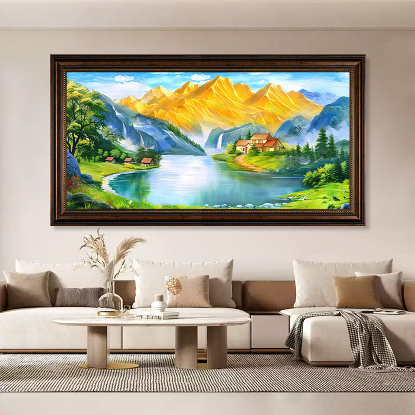湖畔麋鹿金山油画客厅沙发背景墙横版欧式复古山水风景装饰画