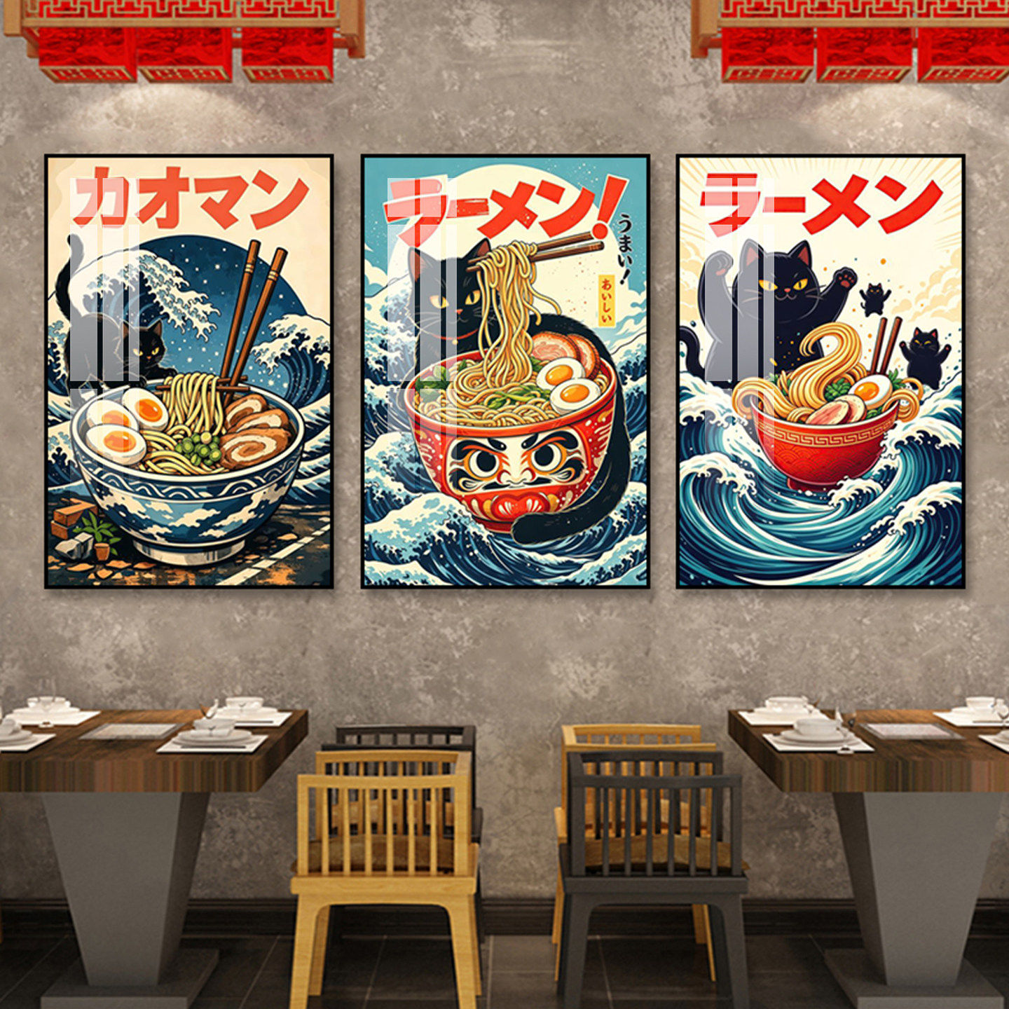 日式拉面馆装饰画日本料理寿司餐厅挂画浮世绘猫咪日料店墙面壁画