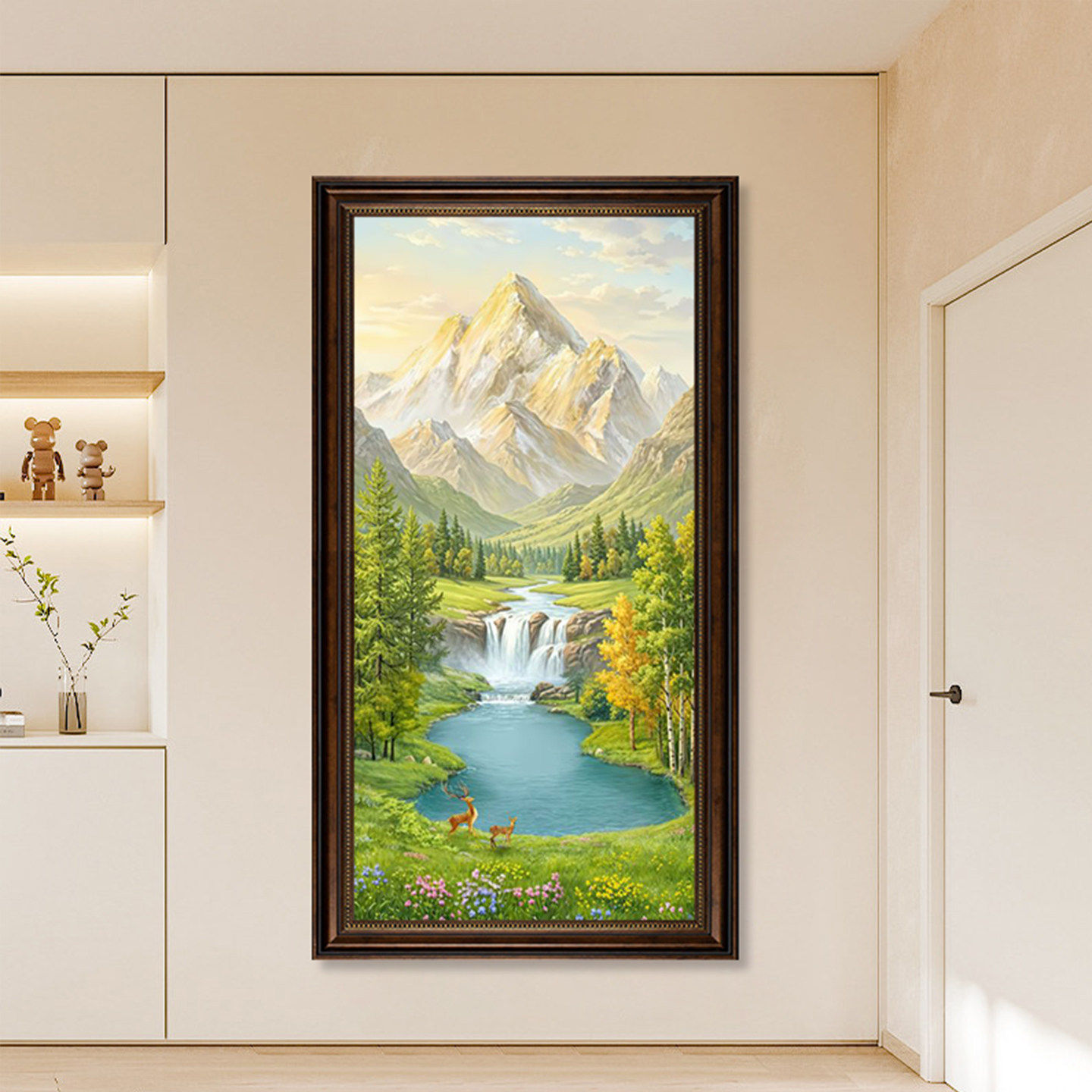 金山聚宝盆山水风景油画竖版复古油画入户玄关走廊过道装饰画
