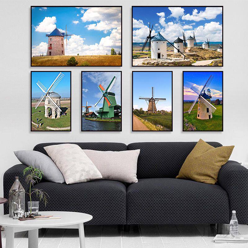 荷兰风车风景装饰画北欧治愈郁金香挂画客厅欧洲建筑蓝天白云壁画