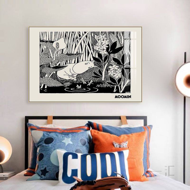 河马姆明moomin挂画儿童房卧室床头童话插图现装饰画简约客厅壁画