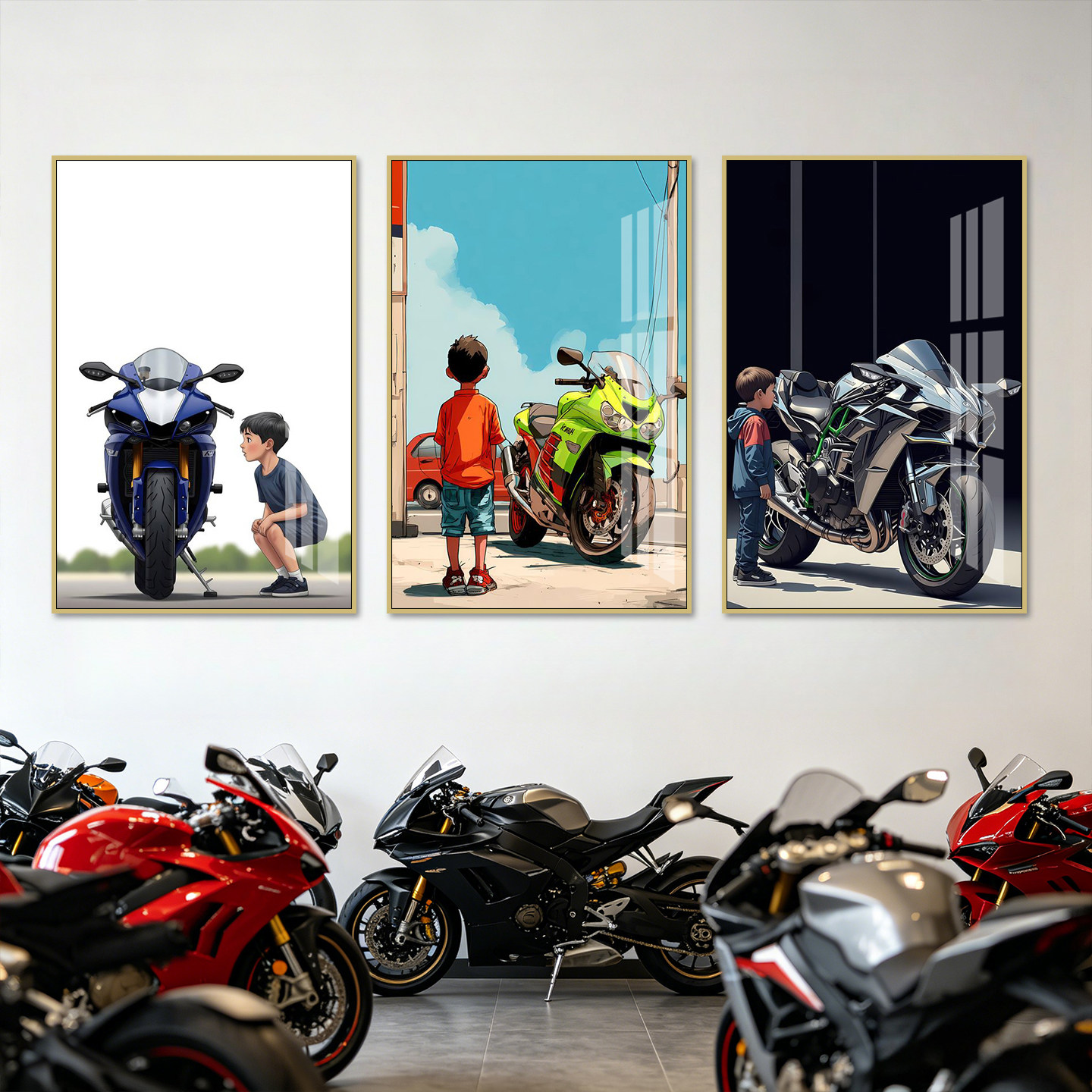 卡通男孩摩托车装饰画机车俱乐部壁画赛车跑车改装店维修行挂画