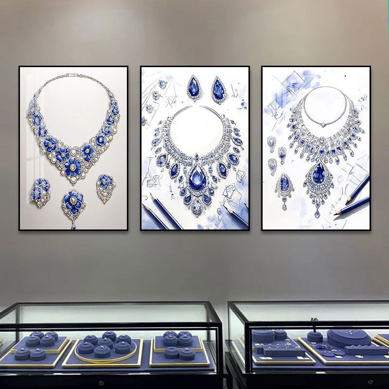 翡翠项链装饰画轻奢珠宝设计首饰宝石戒指手稿挂画奢侈品店墙壁画