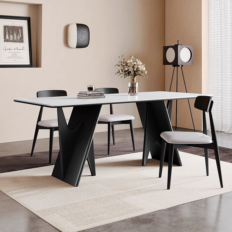 美式复古实木岩板餐桌