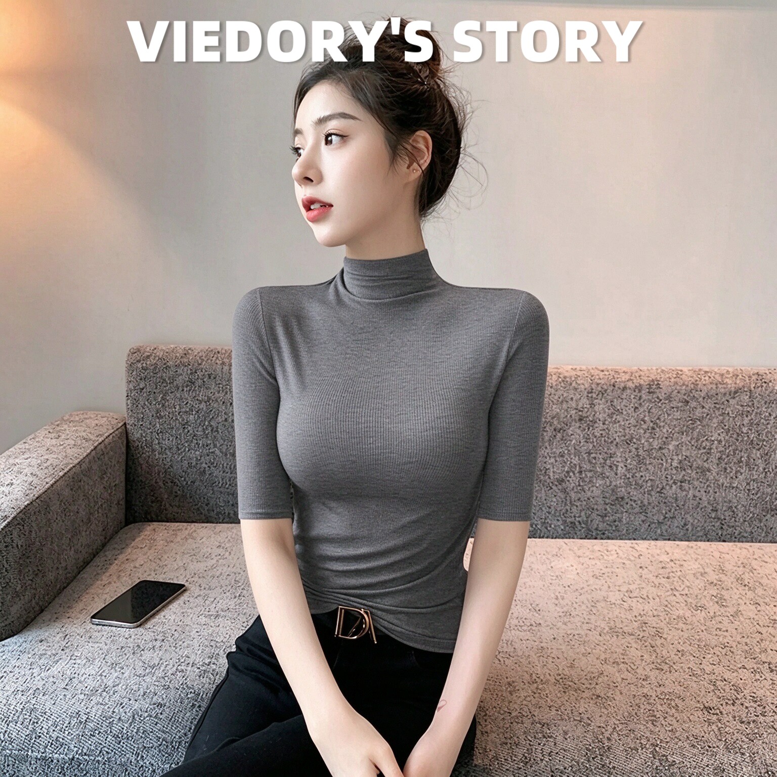 维多利亚半高领针织五分袖t恤女