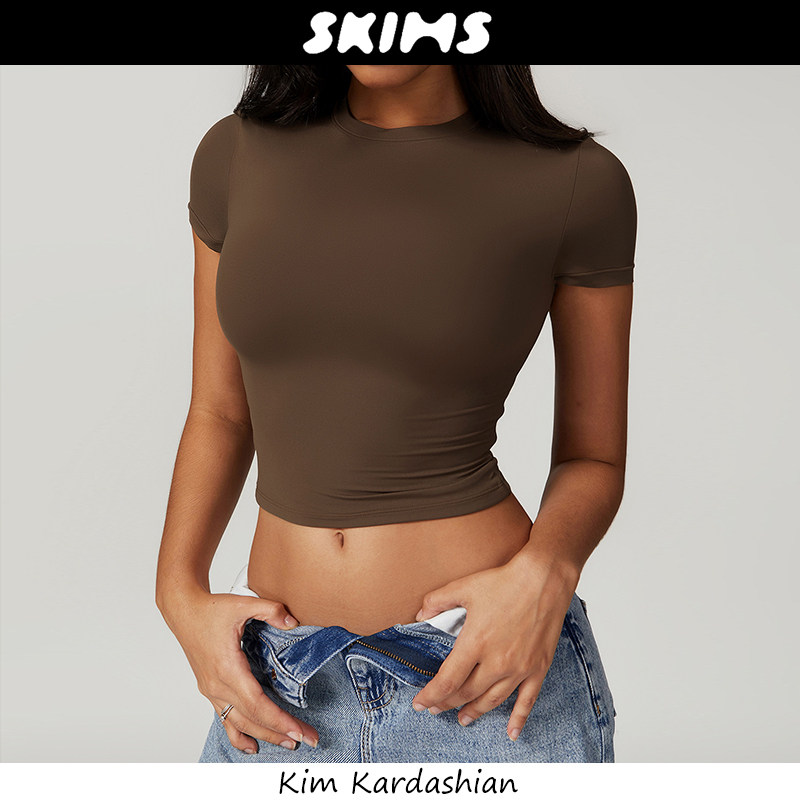 官方正品美国Skims短袖辣妹风冰丝健身运动瑜伽上衣圆领露脐t恤女