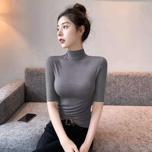 维多利亚半高领针织五分袖t恤女