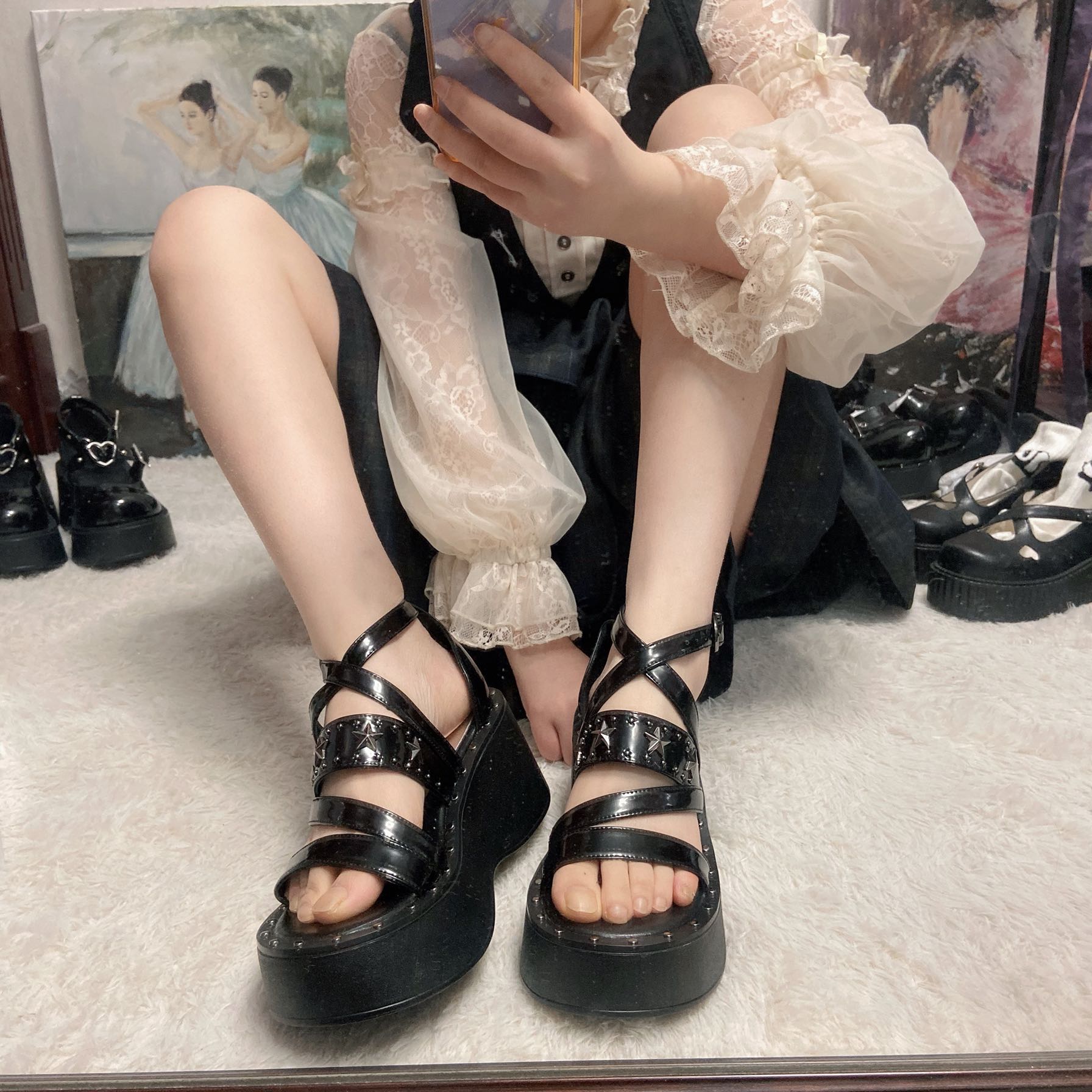 朋克露指厚底凉鞋铆钉