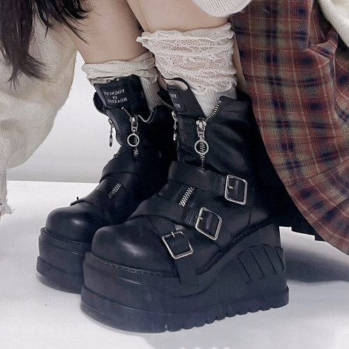 甜酷朋克中筒靴超高跟皮带扣厚底