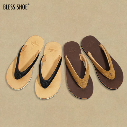 BLESS SHOE 25SS TERRA夏季复古风真皮人字拖 牛皮防滑室内外拖鞋