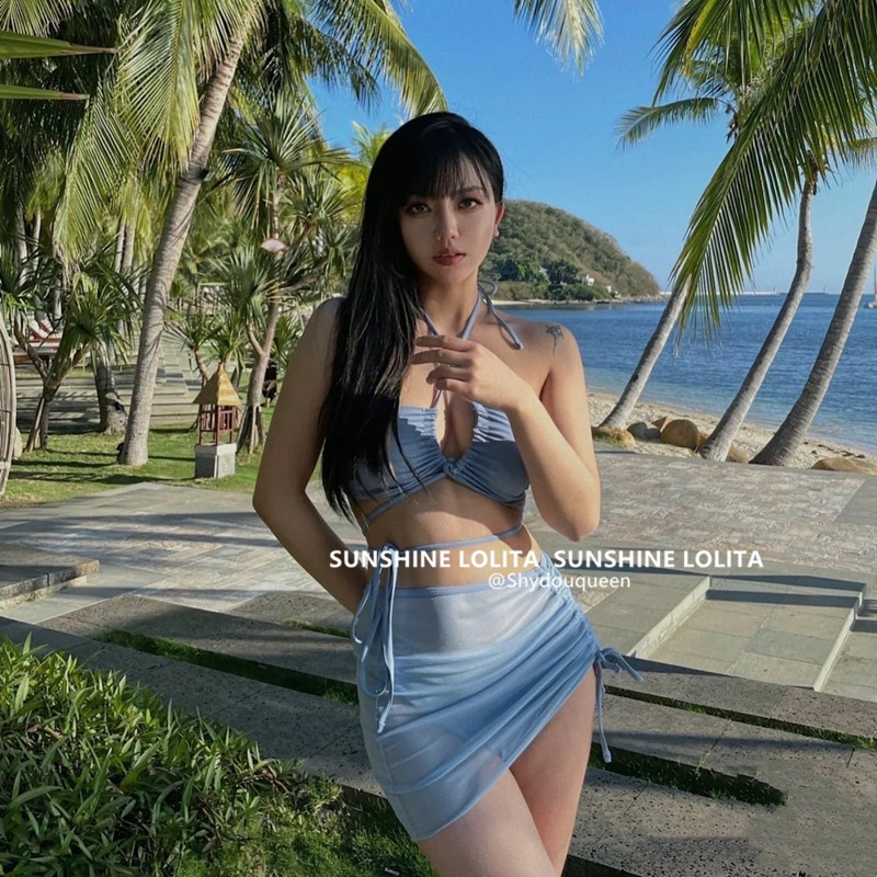 速发灰蓝色纱基尼三件套网比抽绳装臀泳包度假挂脖小胸纯欲风海岛