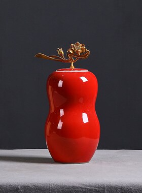 速发新中式件色盖罐陶瓷花酒摆件瓶店样板房铜配红软装工艺品厂家