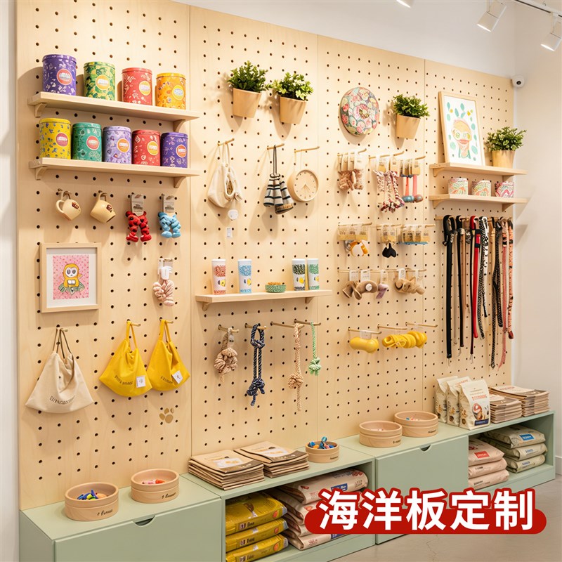 速发桦木海洋板洞洞板转角展示架货架墙面上木质挂板咖啡角置物架