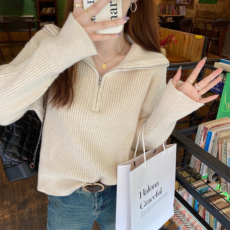 速发半拉感毛衣慵懒宽松针织衫2024款新春秋外穿翻领设计链上衣