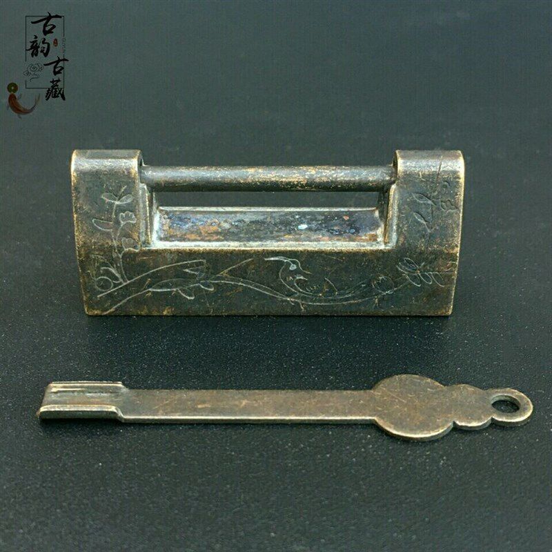 速发清代老铜锁纯铜老式挂锁古代铜锁复古横开木箱插销锁仿古锁头