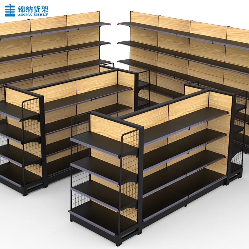 速发超市货架仿木纹磨砂黑展示架便利店商场文具店单面双面多层置
