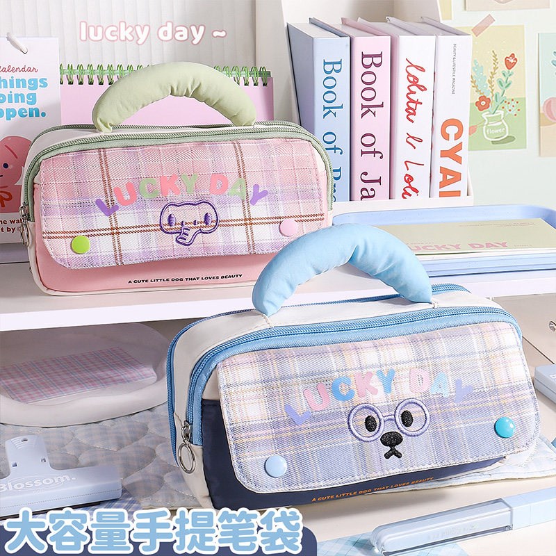 速发可手提笔袋初中小学生文具整理收纳袋新款5层大容量小众格子