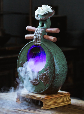 速发陶瓷月琴流水件摆客厅中国风古典装饰雾化加湿器乔迁新居礼品