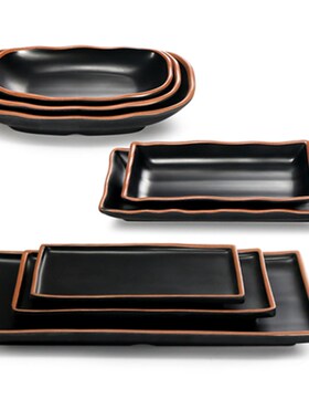 速发密胺黑色盘子店瓷创意烧方形菜盘餐厅火锅仿寿司盘子长烤盘子