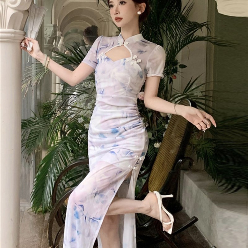 速发柔式工装减龄印花旗袍连衣裙性感夜场V礼服长裙spa沐足浴技师