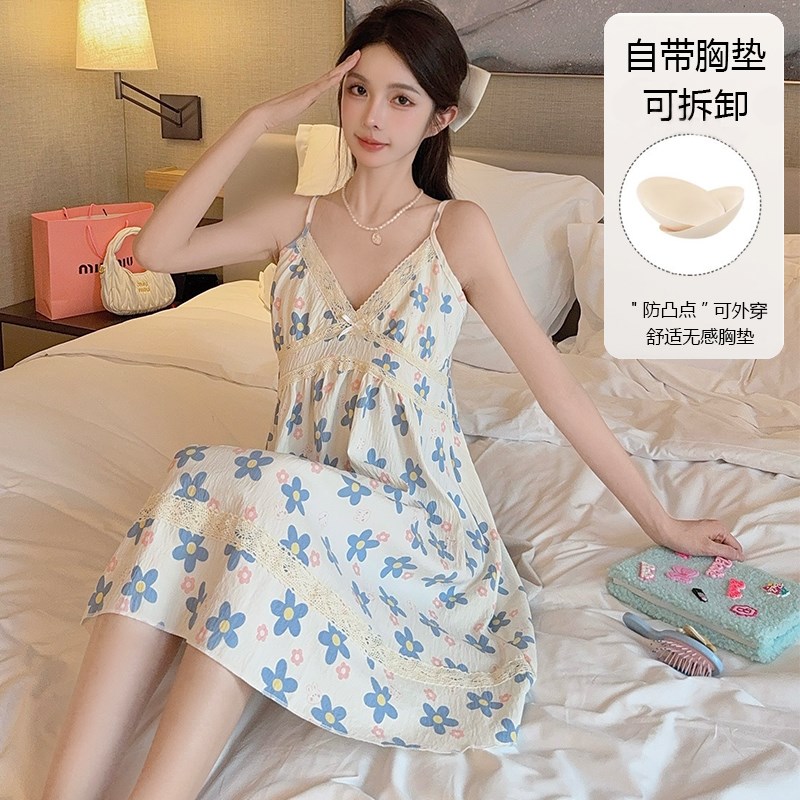 速发新款甜美吊带睡裙夏季性感带胸垫可爱蕾丝花边纯欲风家居服睡