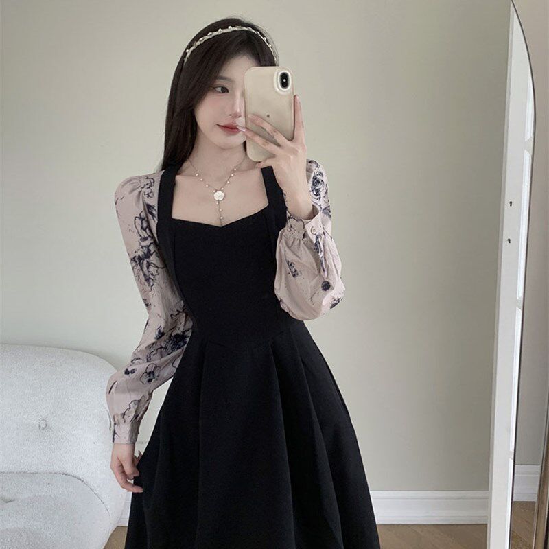 速发大码长袖风遮挂脖印花连衣裙高级感秋款装式肉赫本法小黑裙