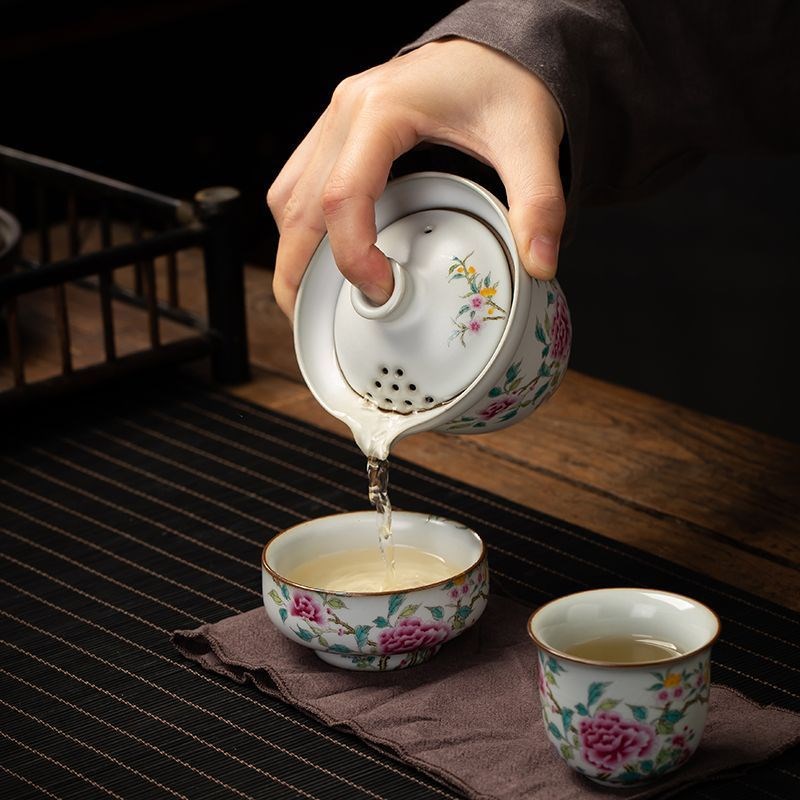 速发旅化陶瓷茶具汝窑一客杯户外出差随身德行茶具快壶二杯套装便