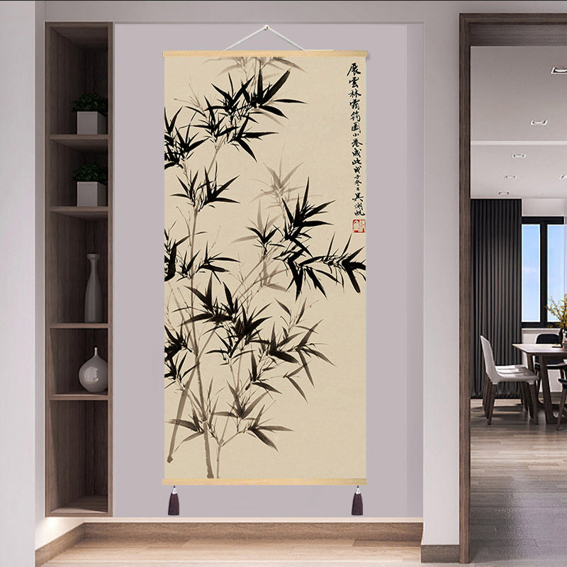 速发新艺工梅兰竹菊式笔仿古画装饰画壁画竖版背景墙壁画玄关布中