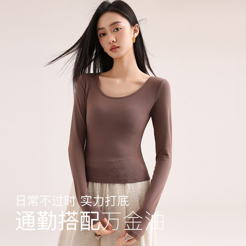 速发白色低领薄款长袖t恤2025早春新款内搭打底衫短款白色上衣