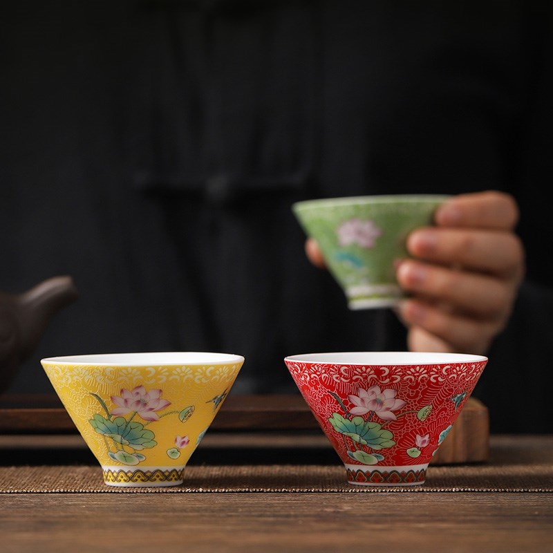速发彩杯子茶杯斗笠杯碗陶瓷功夫茶具茶杯主人杯品茗杯6个礼盒装
