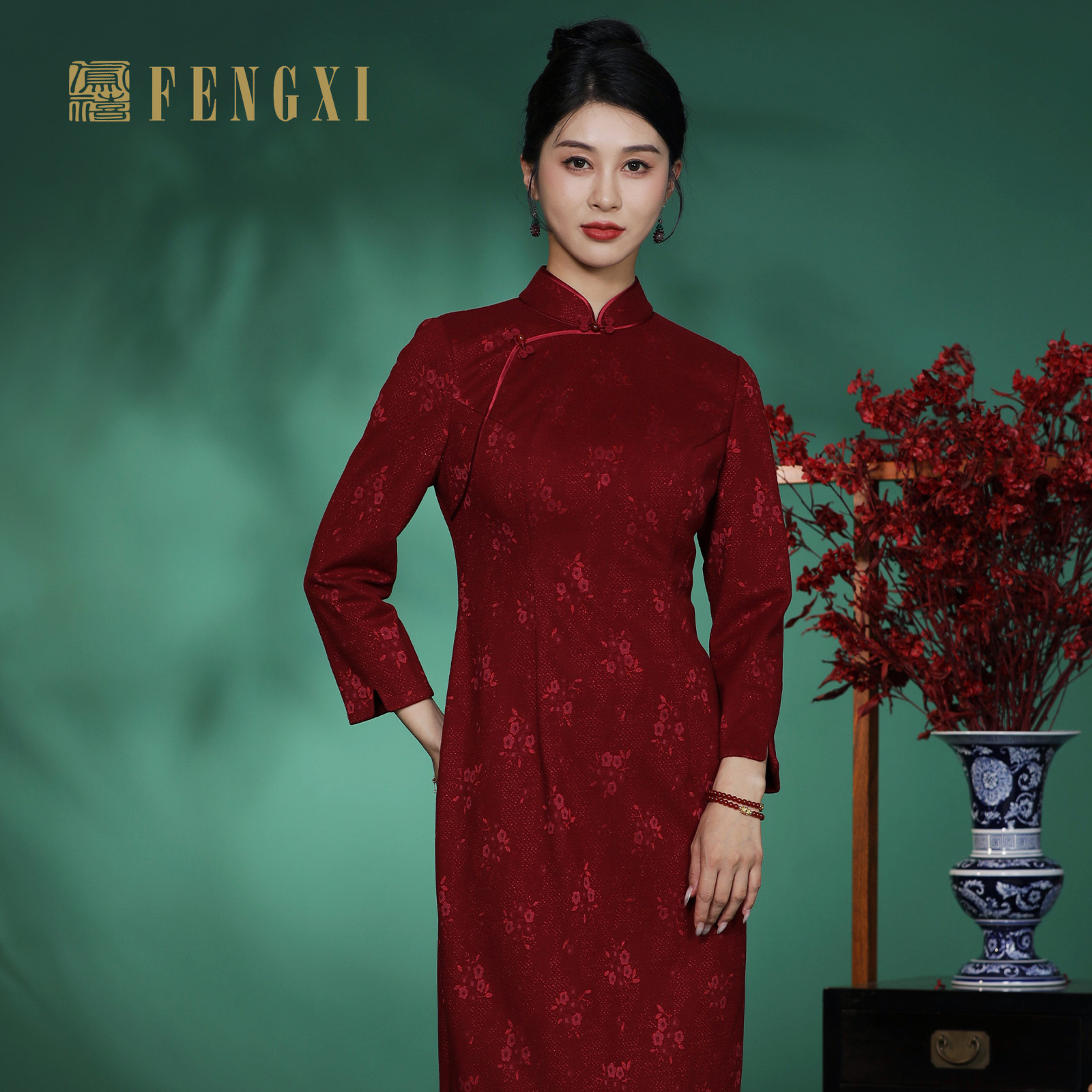 凤禧红中式针织提花旗袍秋冬