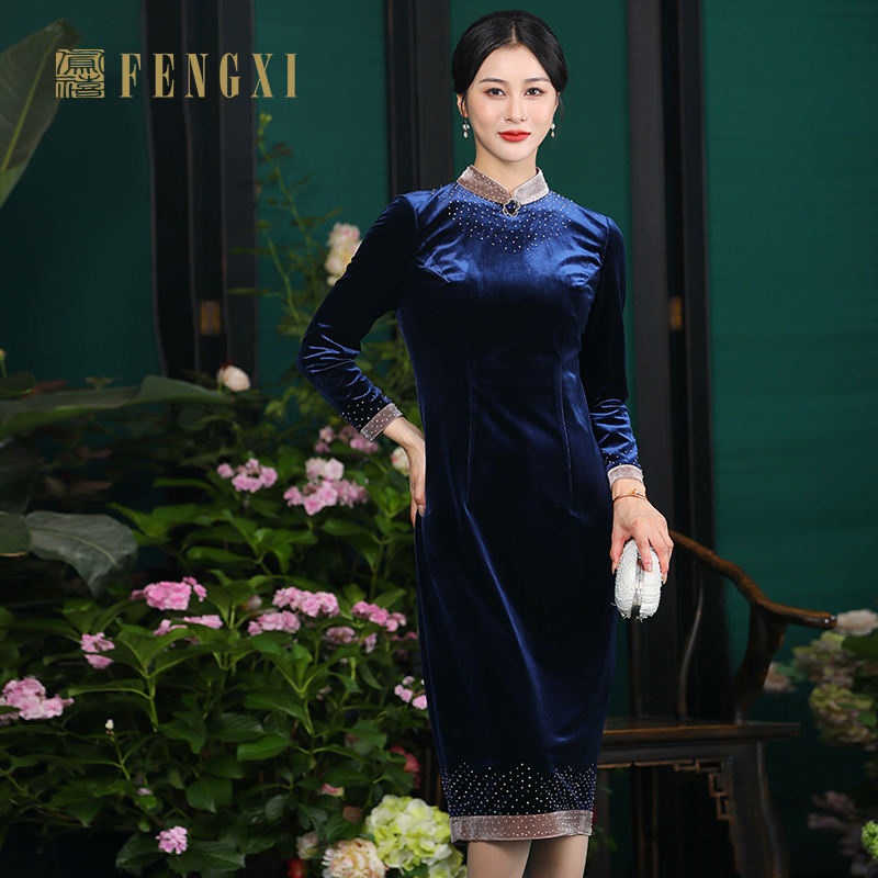 凤禧秋冬藏蓝色丝绒宴会改良旗袍