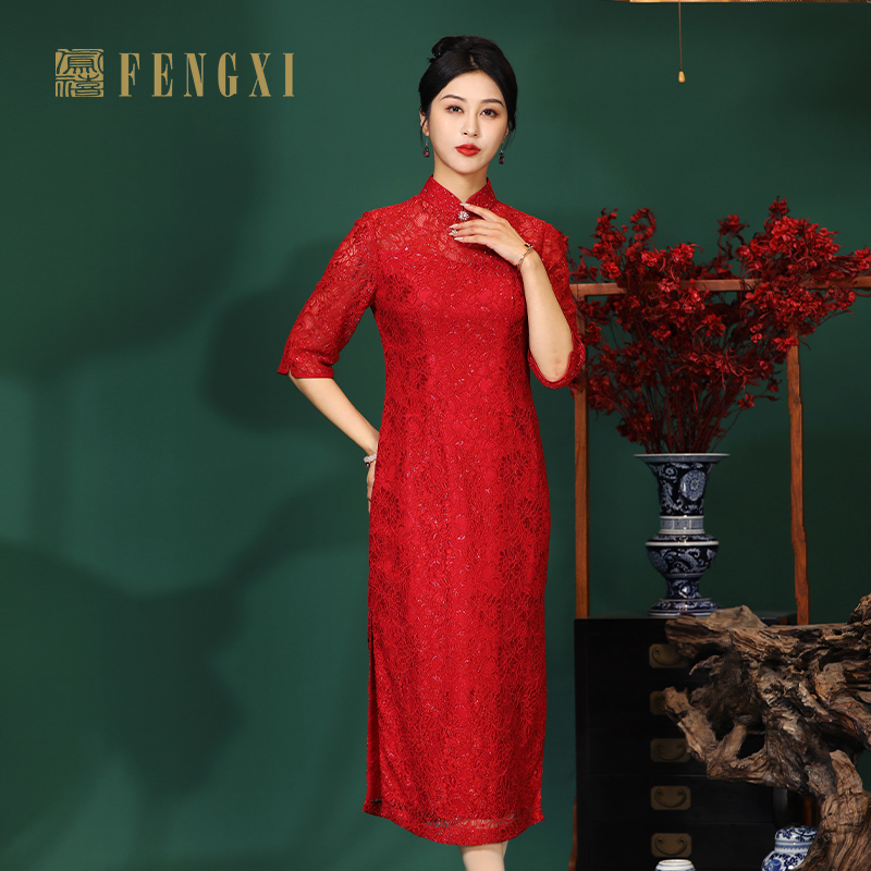 凤禧中式蕾丝旗袍喜妈妈婚庆礼服