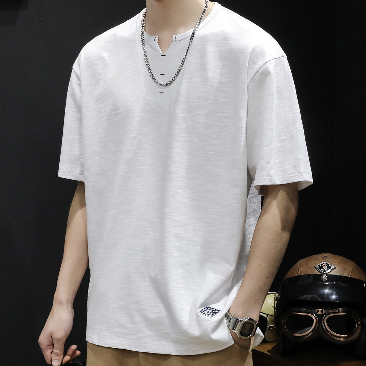 竹节棉v领短袖t恤男士夏季上衣宽松大码男装潮牌2024新款重磅体恤