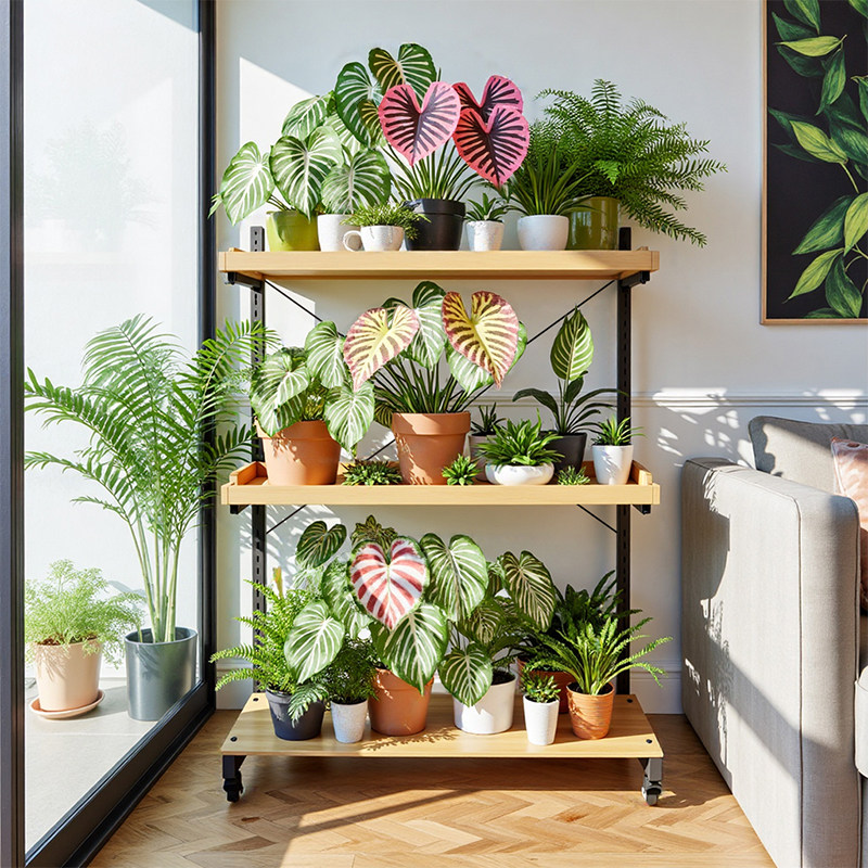 多层碳钢实木花架带轮移动置物架