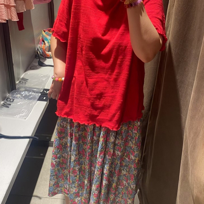 韩系红色软糯花边袖短袖t恤