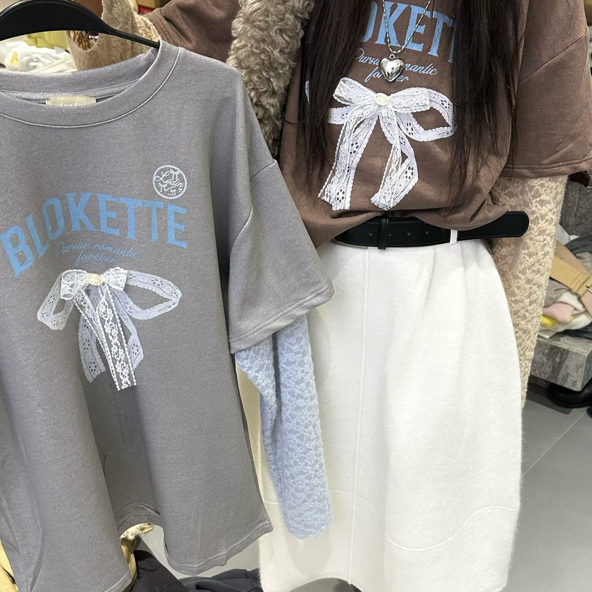 趣味蝴蝶结印花假两件大版t恤